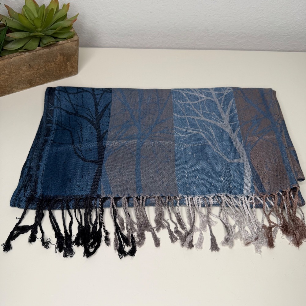 Caracol Woodland Scarf Women Blue Grey Tree Print‎ Fringe Trim Naturecore 28x70